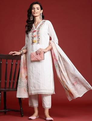Women Floral Embroidered Regular Thread Work Pure Cotton Kurta with Trousers & With Dupatta 4