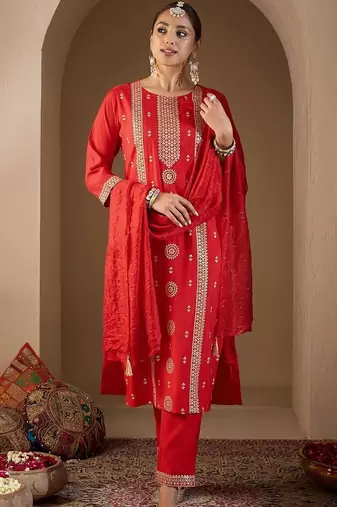 Women Ethnic Motifs Embroidered Regular Sequinned Kurta with Trousers & With Dupatta