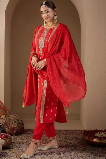 Women Ethnic Motifs Embroidered Regular Sequinned Kurta with Trousers & With Dupatta
