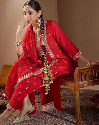 Women Ethnic Motifs Embroidered Regular Sequinned Kurta with Trousers & With Dupatta 5