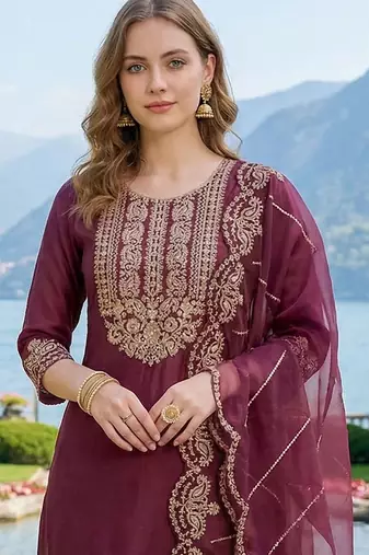 Women Ethnic Motifs Embroidered Regular Thread Work Liva Kurta with Trousers & With Dupatta