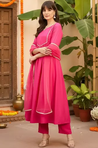 Yoke Design Notch Neck Regular Pink A-Line Kurta With Trousers & Dupatta