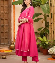 Yoke Design Notch Neck Regular Pink A-Line Kurta With Trousers & Dupatta