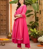 Yoke Design Notch Neck Regular Pink A-Line Kurta With Trousers & Dupatta