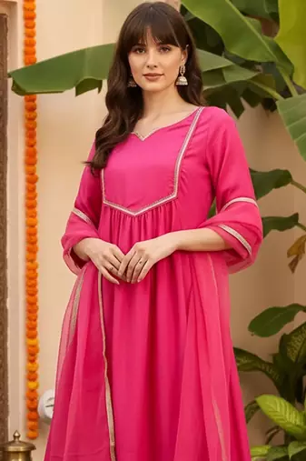 Yoke Design Notch Neck Regular Pink A-Line Kurta With Trousers & Dupatta