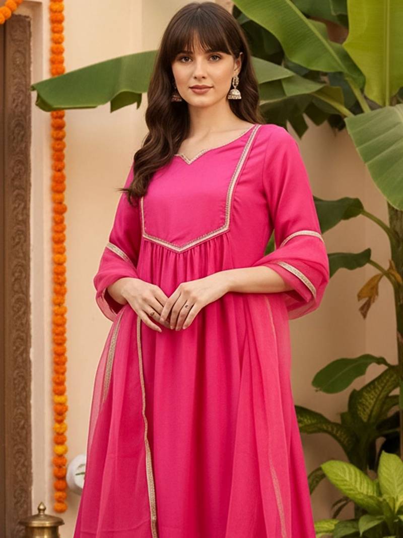 Yoke Design Notch Neck Regular Pink A-Line Kurta With Trousers & Dupatta
