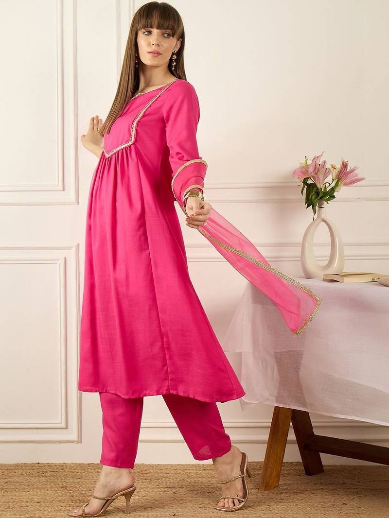 Yoke Design Notch Neck Regular Pink A-Line Kurta With Trousers & Dupatta
