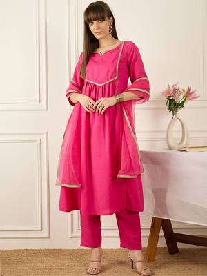 Yoke Design Notch Neck Regular Pink A-Line Kurta With Trousers & Dupatta 4