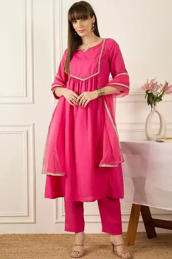 Yoke Design Notch Neck Regular Pink A-Line Kurta With Trousers & Dupatta