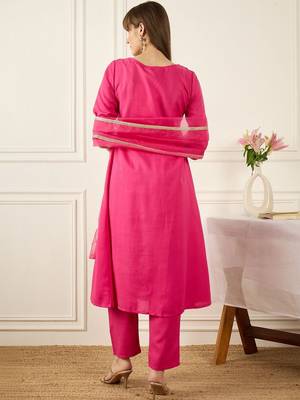 Yoke Design Notch Neck Regular Pink A-Line Kurta With Trousers & Dupatta 5