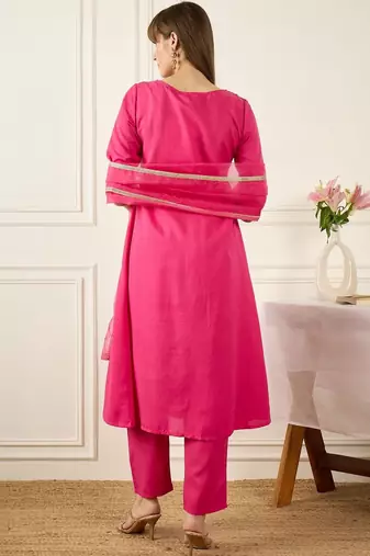 Yoke Design Notch Neck Regular Pink A-Line Kurta With Trousers & Dupatta