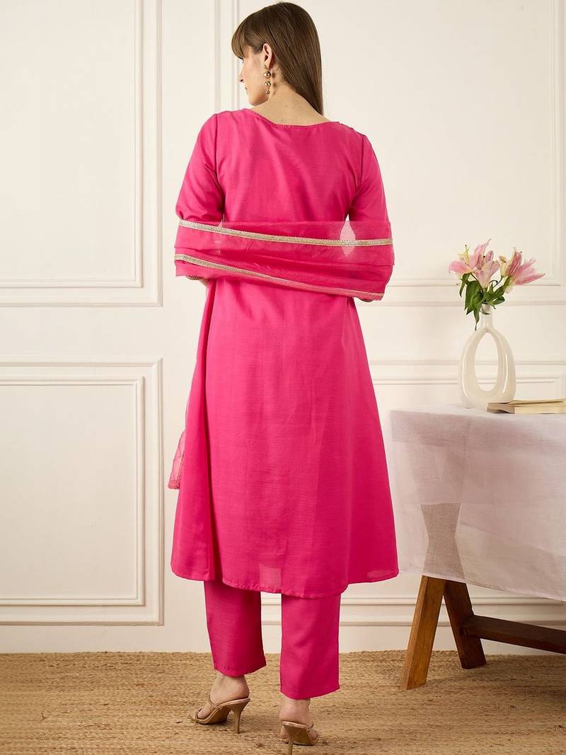 Yoke Design Notch Neck Regular Pink A-Line Kurta With Trousers & Dupatta