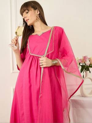 Yoke Design Notch Neck Regular Pink A-Line Kurta With Trousers & Dupatta 6