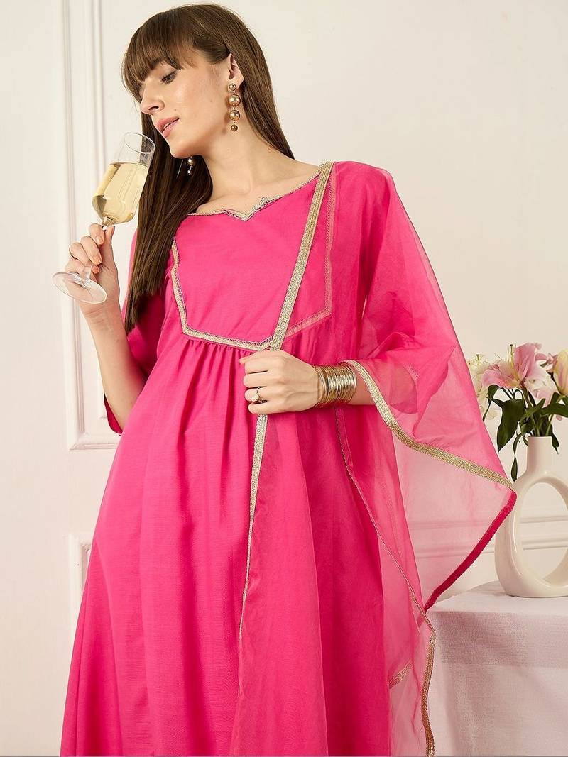 Yoke Design Notch Neck Regular Pink A-Line Kurta With Trousers & Dupatta