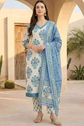 Women Floral Printed Regular Pure Cotton Kurta with Trousers & With Dupatta