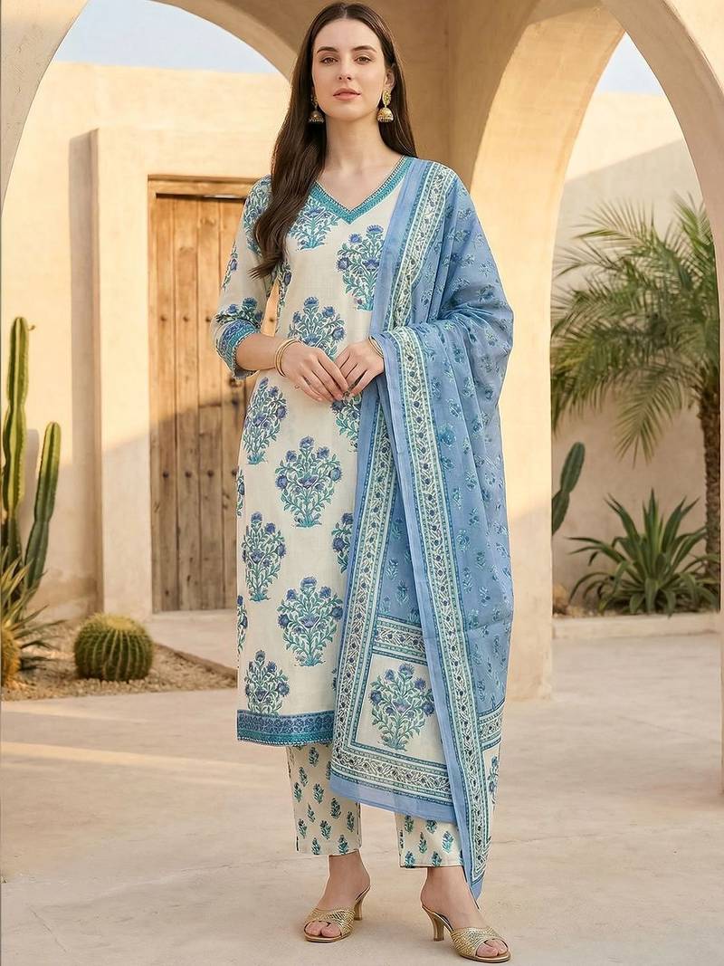 Women Floral Printed Regular Pure Cotton Kurta with Trousers & With Dupatta