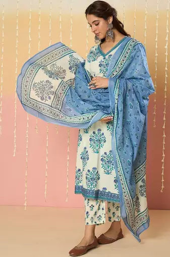 Women Floral Printed Regular Pure Cotton Kurta with Trousers & With Dupatta