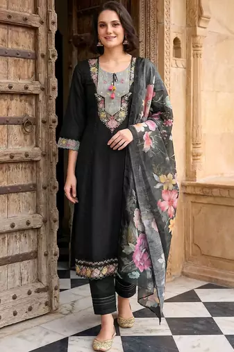 Women Floral Embroidered Regular Thread Work Pure Cotton Kurta with Trousers & With Dupatta
