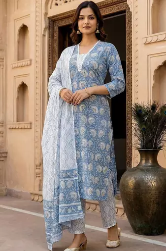 Women Ethnic Motifs Printed Regular Pure Cotton Kurta with Trousers & With Dupatta