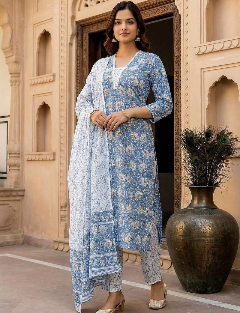Women Ethnic Motifs Printed Regular Pure Cotton Kurta with Trousers & With Dupatta