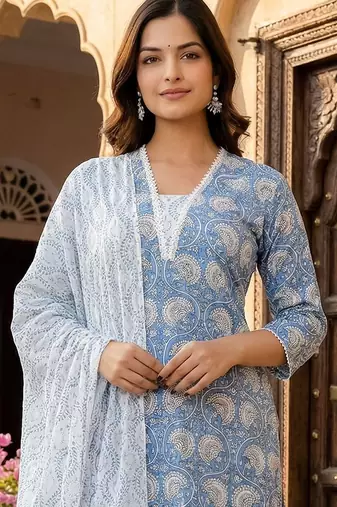 Women Ethnic Motifs Printed Regular Pure Cotton Kurta with Trousers & With Dupatta