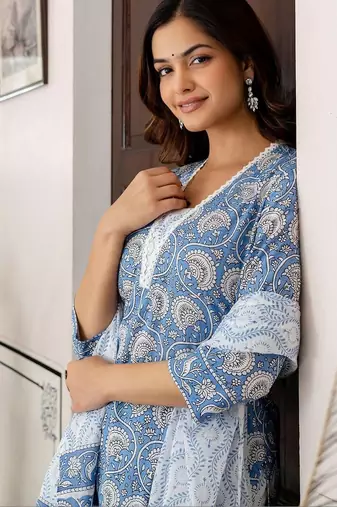 Women Ethnic Motifs Printed Regular Pure Cotton Kurta with Trousers & With Dupatta