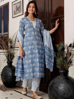 Women Ethnic Motifs Printed Regular Pure Cotton Kurta with Trousers & With Dupatta 4