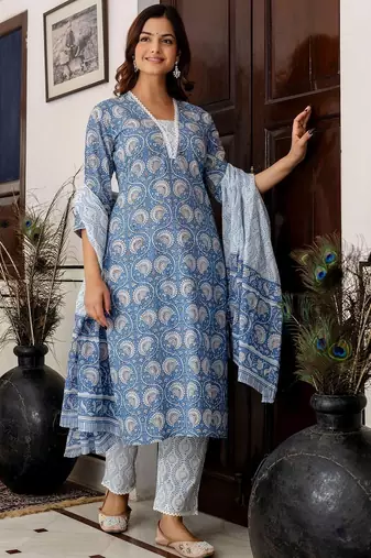 Women Ethnic Motifs Printed Regular Pure Cotton Kurta with Trousers & With Dupatta
