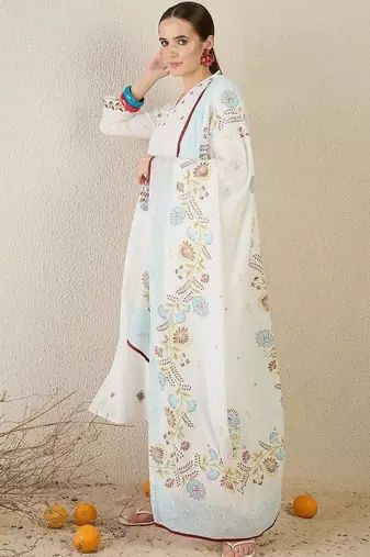 Women Floral Embroidered Regular Thread Work Pure Cotton Kurta with Trousers & With Dupatta