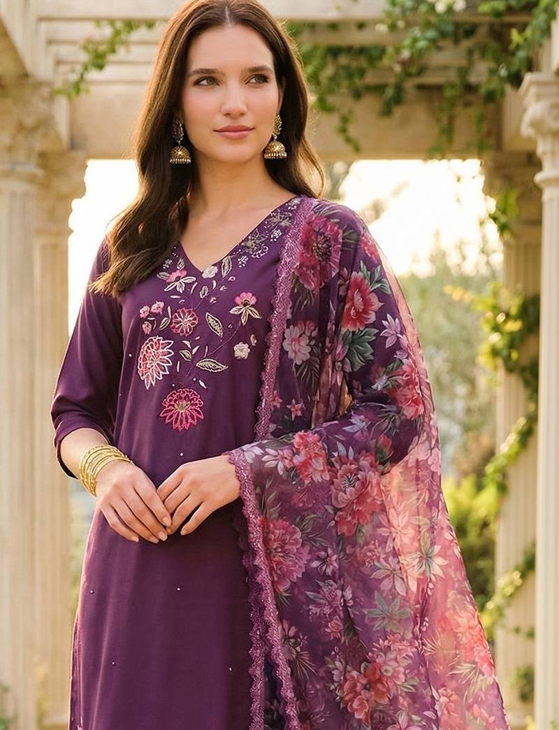 Women Floral Embroidered Regular Thread Work Liva Kurta with Trousers & With Dupatta