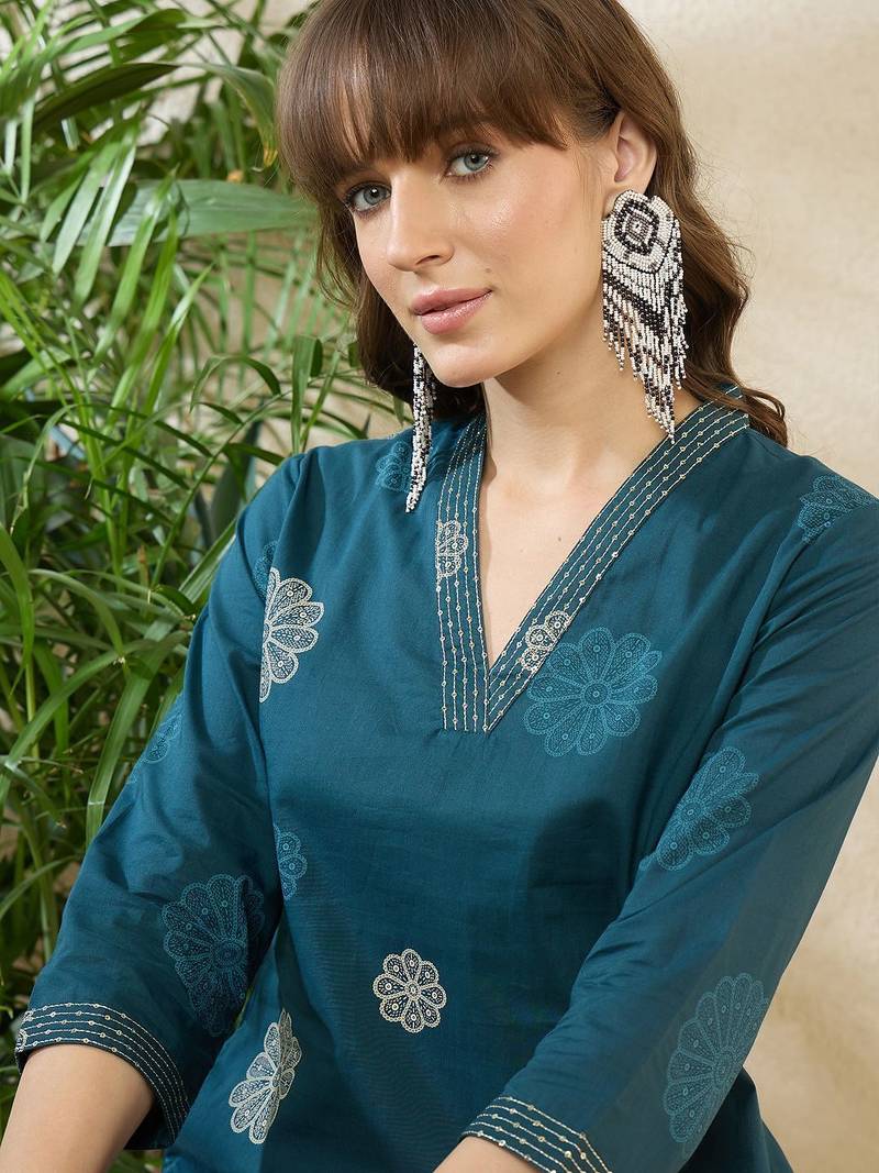 Women Floral Printed Regular Pure Cotton Kurta with Trousers