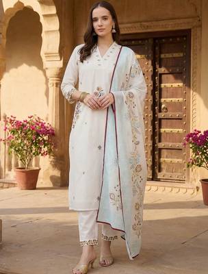 Women Floral Embroidered Regular Thread Work Pure Cotton Kurta with Trousers & With Dupatta 1