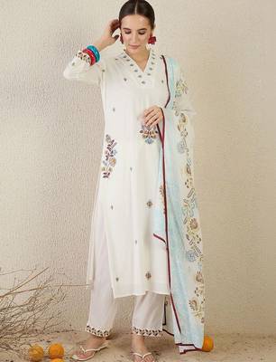 Women Floral Embroidered Regular Thread Work Pure Cotton Kurta with Trousers & With Dupatta 6