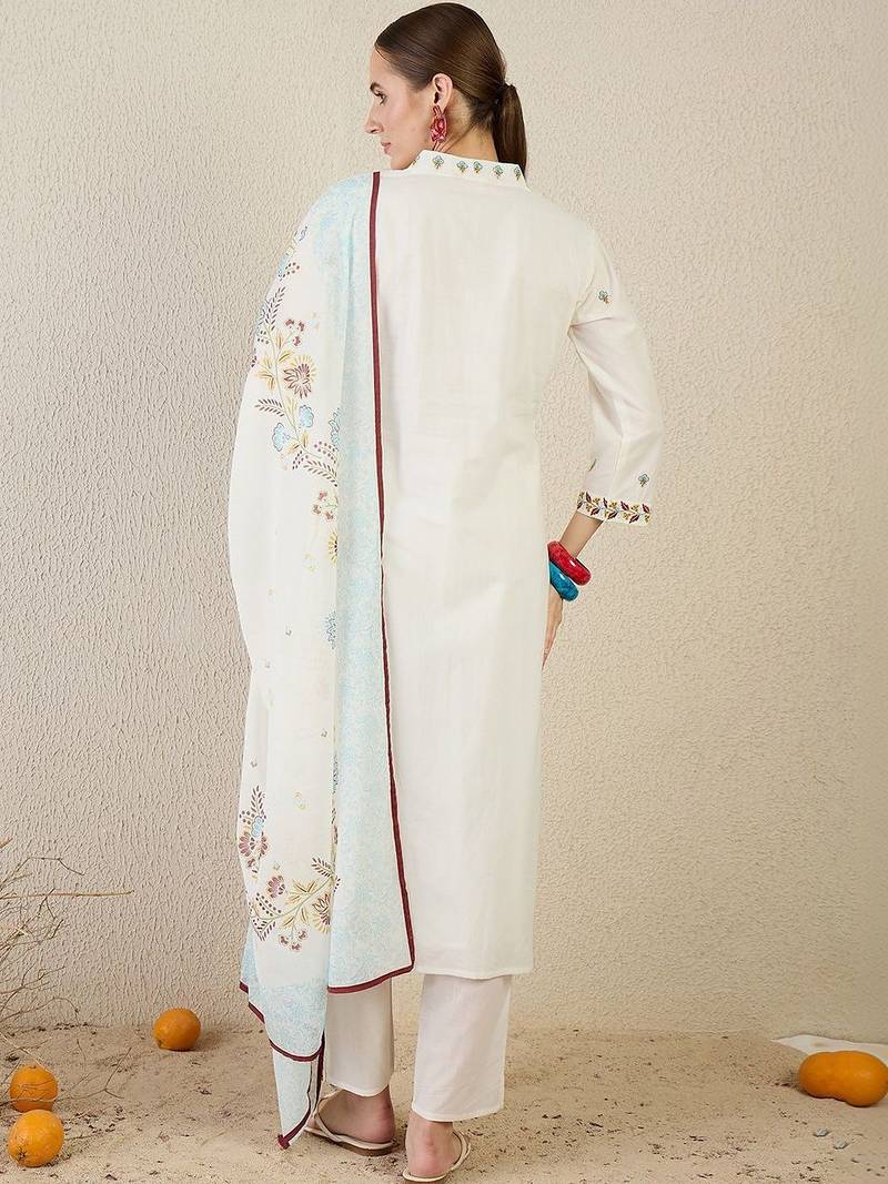 Women Floral Embroidered Regular Thread Work Pure Cotton Kurta with Trousers & With Dupatta