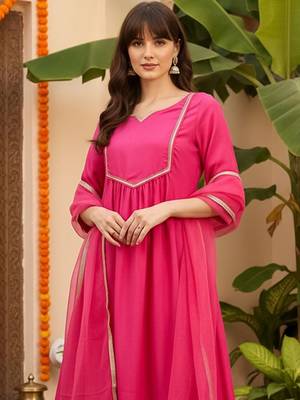 Yoke Design Notch Neck Regular Pink A-Line Kurta With Trousers & Dupatta 2