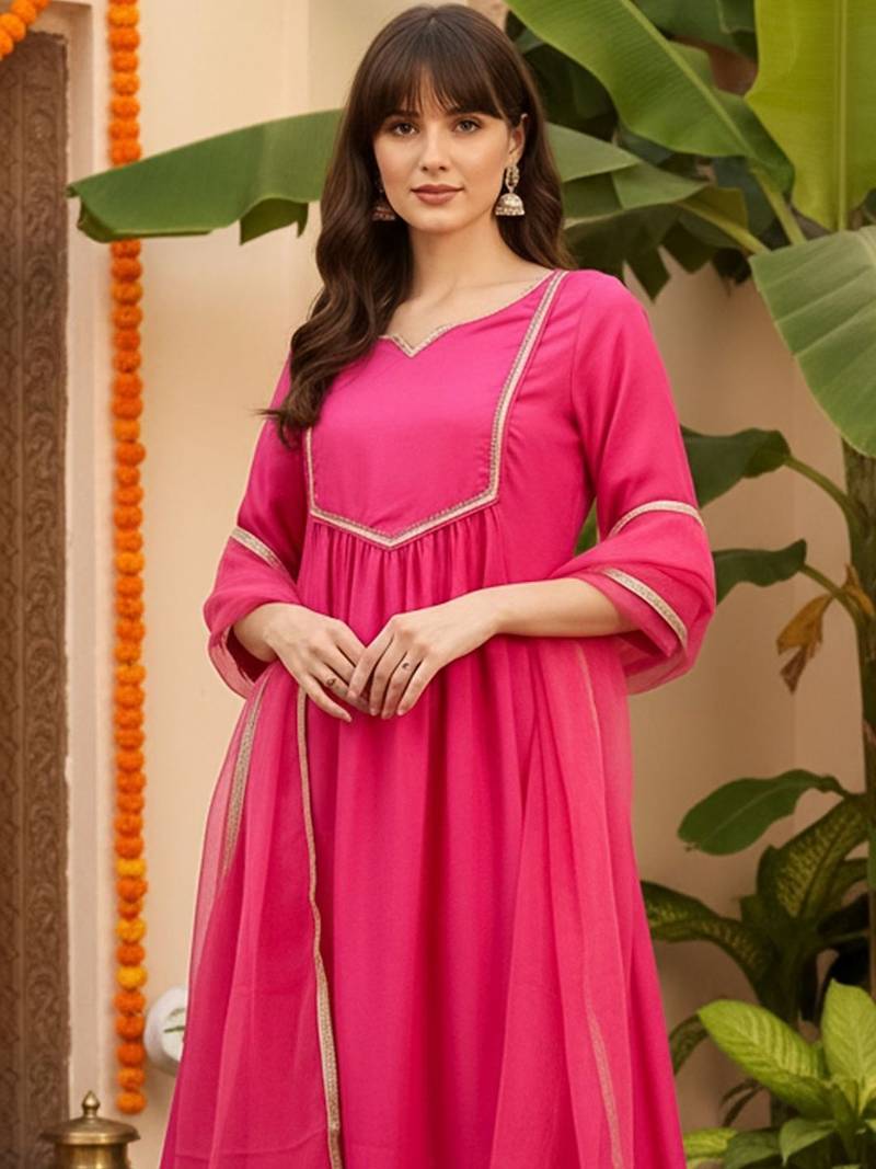Yoke Design Notch Neck Regular Pink A-Line Kurta With Trousers & Dupatta