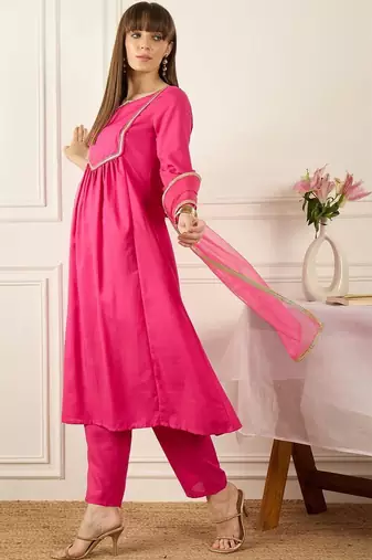 Yoke Design Notch Neck Regular Pink A-Line Kurta With Trousers & Dupatta