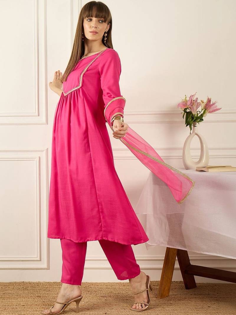 Yoke Design Notch Neck Regular Pink A-Line Kurta With Trousers & Dupatta