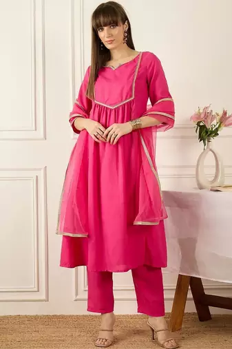Yoke Design Notch Neck Regular Pink A-Line Kurta With Trousers & Dupatta