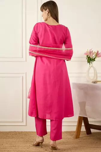 Yoke Design Notch Neck Regular Pink A-Line Kurta With Trousers & Dupatta