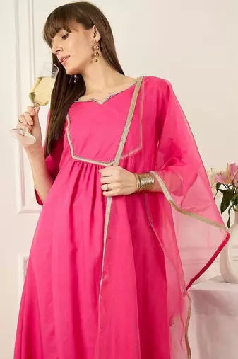 Yoke Design Notch Neck Regular Pink A-Line Kurta With Trousers & Dupatta