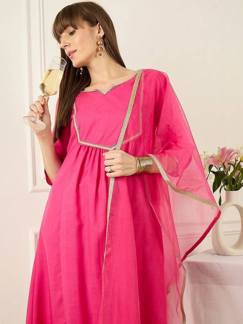 Yoke Design Notch Neck Regular Pink A-Line Kurta With Trousers & Dupatta