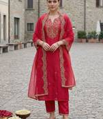 Women Ethnic Motifs Embroidered Regular Thread Work Liva Kurta with Trousers & With Dupatta