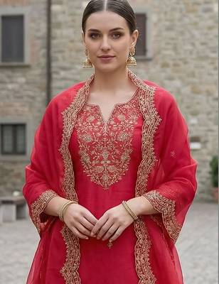Women Ethnic Motifs Embroidered Regular Thread Work Liva Kurta with Trousers & With Dupatta 2