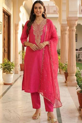 Women Ethnic Motifs Embroidered Regular Thread Work Liva Kurta with Trousers & With Dupatta