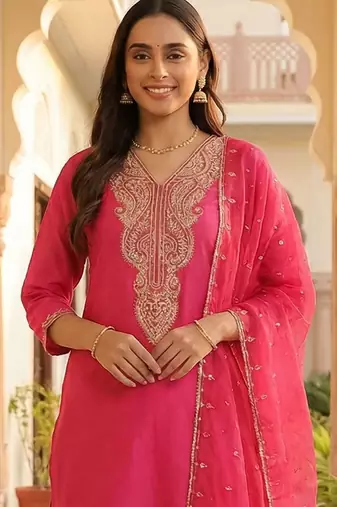 Women Ethnic Motifs Embroidered Regular Thread Work Liva Kurta with Trousers & With Dupatta