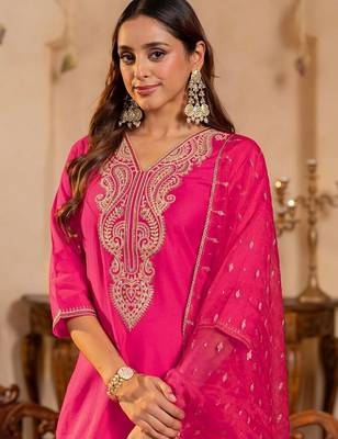 Women Ethnic Motifs Embroidered Regular Thread Work Liva Kurta with Trousers & With Dupatta 3