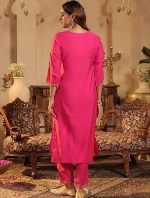 Women Ethnic Motifs Embroidered Regular Thread Work Liva Kurta with Trousers & With Dupatta 4