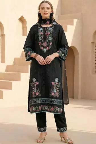 Women Floral Embroidered Regular Thread Work Kurta with Trousers & With Dupatta