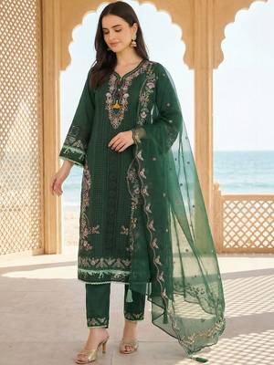 Women Ethnic Motifs Embroidered Regular Thread Work Kurta with Trousers & With Dupatta 1